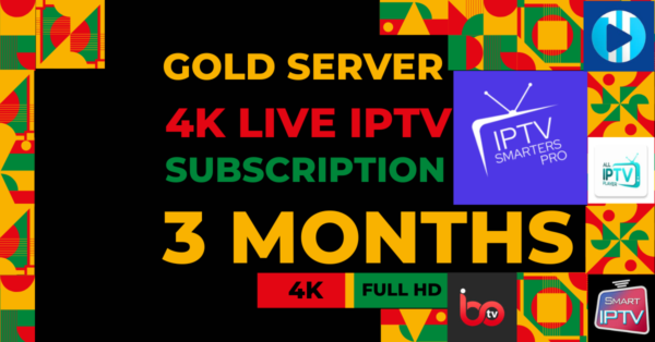 Premium GOLD 4K IPTV subscription offering over 35,000 live TV channels, sports, movies, and on-demand content, with buffer-free streaming and fast servers for a seamless viewing experience.